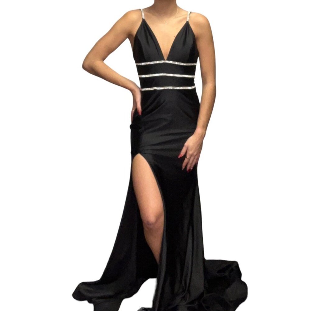 Jessica Angel 930 Rhinestone Embellished V-neck Gown Black Size Small NWT